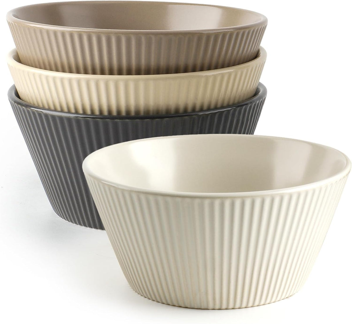 DOWAN 22 OZ Cereal Bowls Set of 4, Ceramic Soup Bowls for Cereal, Ramen, Oatmeal and Pasta, Fluted & Stackable Bowls, Microwave & Dishwasher Safe, Earth Tones