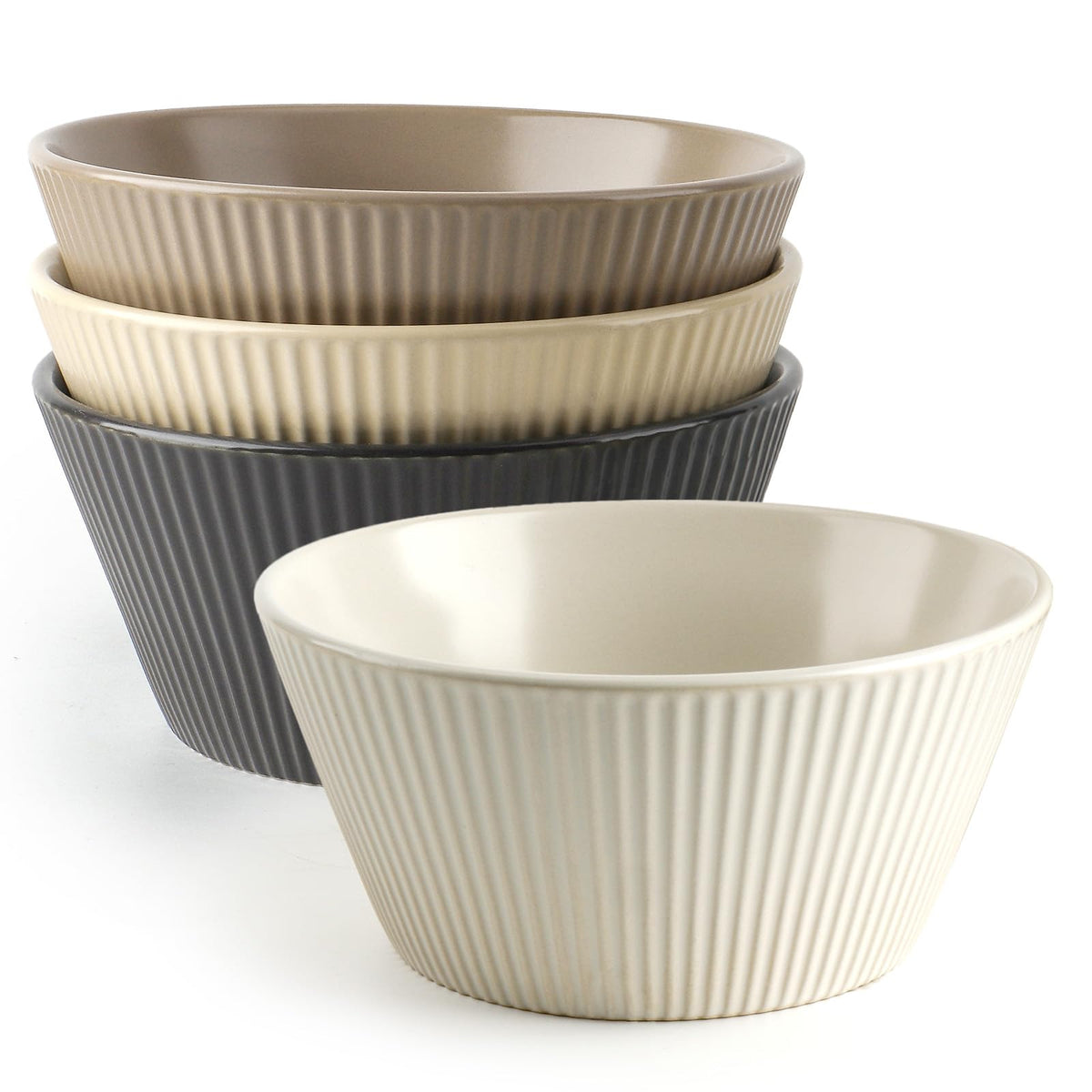 DOWAN 22 OZ Cereal Bowls Set of 4, Ceramic Soup Bowls for Cereal, Ramen, Oatmeal and Pasta, Fluted & Stackable Bowls, Microwave & Dishwasher Safe, Earth Tones