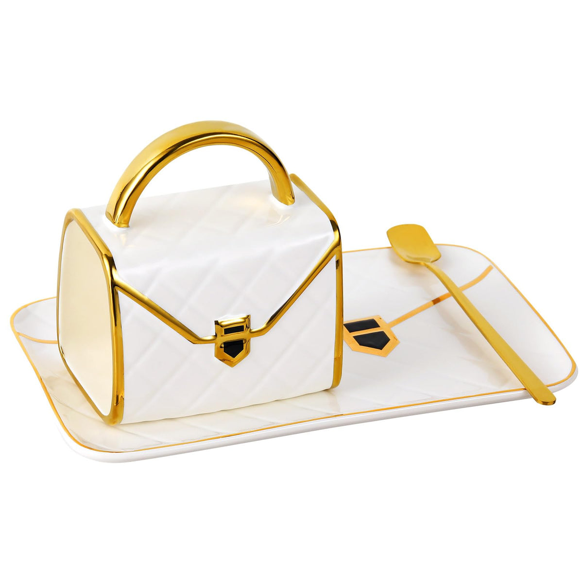 Handbag Coffee Mug Set,Four 10 oz Ceramic Cups with Saucers & Spoons