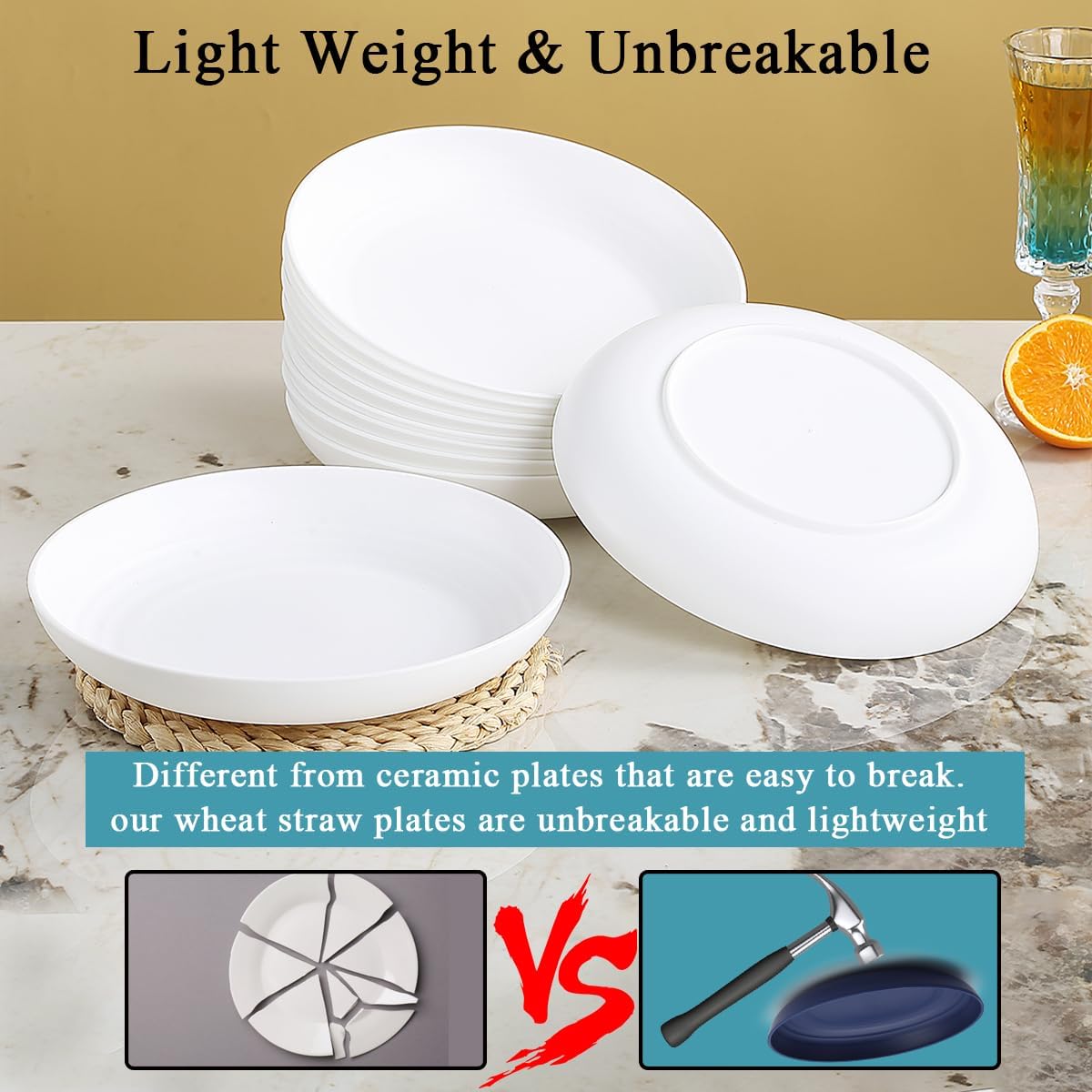 Berglander White Plastic Plates Set of 12 Pieces 9", Reusable and Sturdy Unbreakable Dinner Plates, Salad Plates, Pasta Bowls, Dishes for Home, Kid, Light Weight Easy Carry for Picnic, Camping