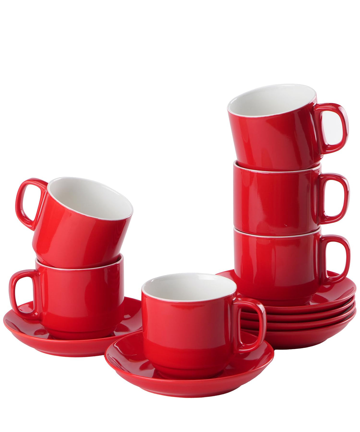 BTaT- Stackable Tea Cups and Saucers, White, Set of 6 (8 oz), Cappuccino Cups, British Coffee Cups, Porcelain Tea Set