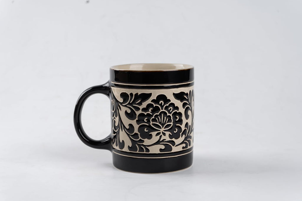 Hand-Carved Peony Band Black Glaze Straight Stoneware Mug, 17 oz