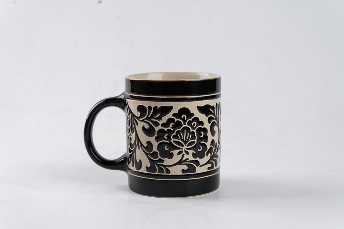 Hand-Carved Peony Band Black Glaze Straight Stoneware Mug, 17 oz