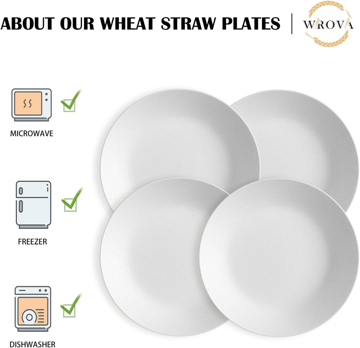 Wrova White Plastic Plates 10 Inch, Reusable Wheat Straw Plates Set of 8
