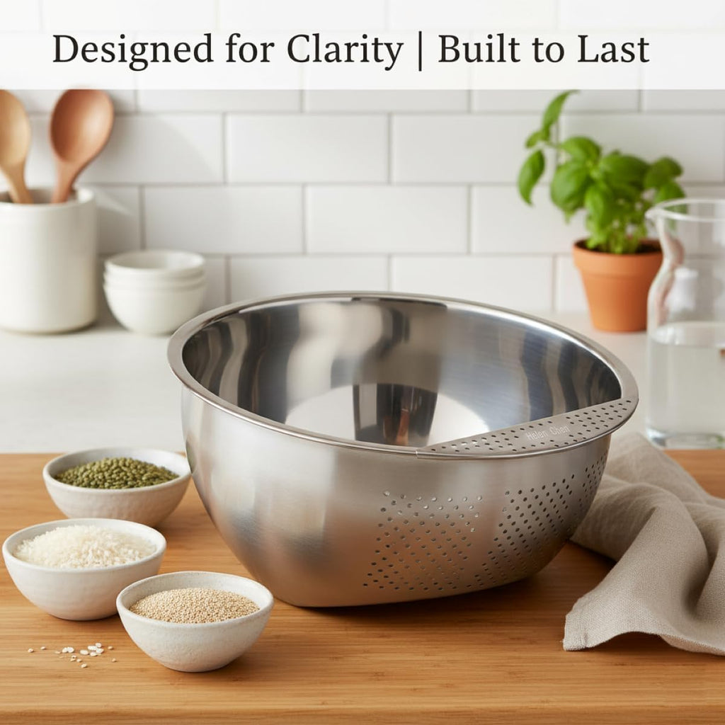 Helen's Asian Kitchen Japanese Rice Washing Bowl, 3-Quart, Side Drainer