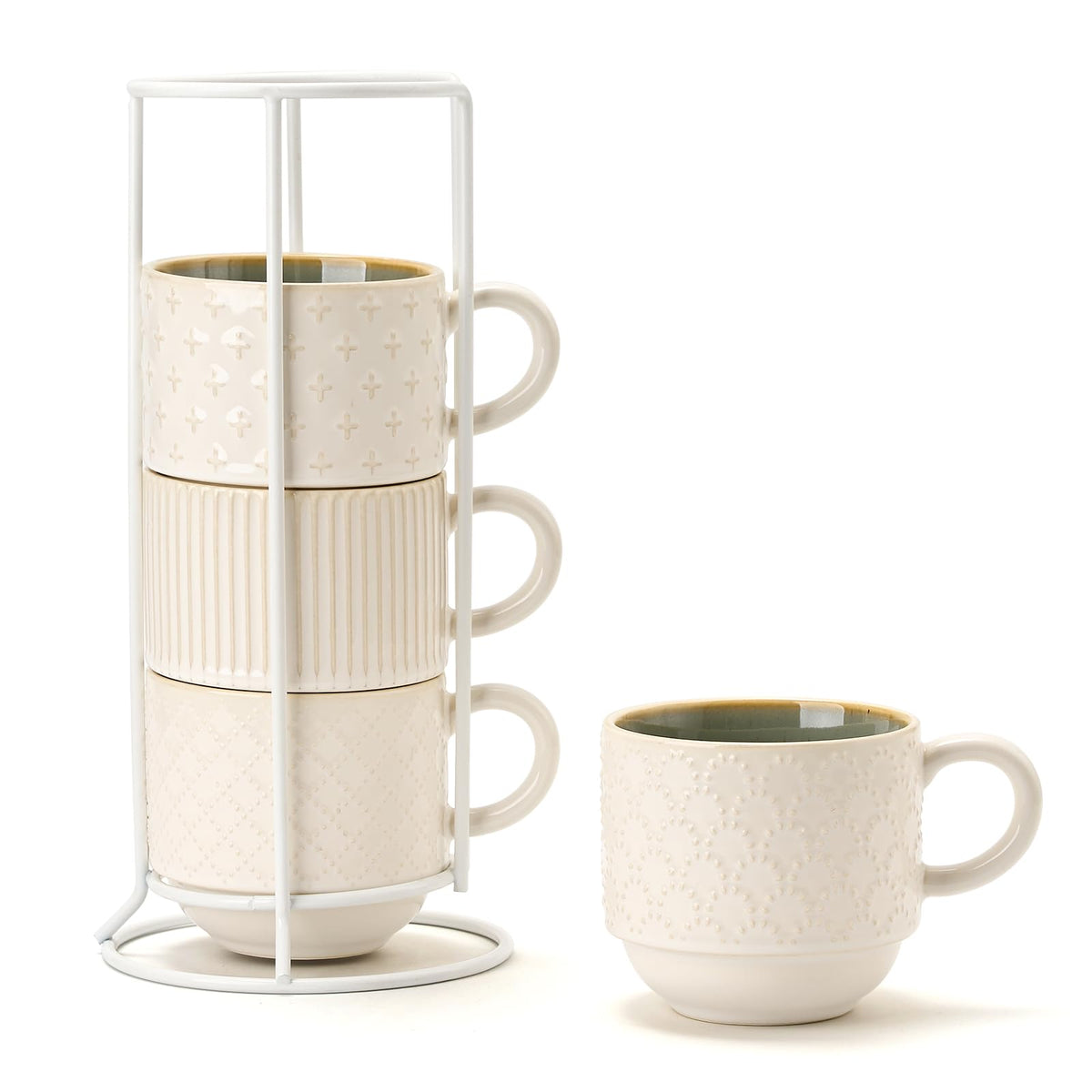 Large Ceramic Coffee Mug Set of 4 with Stand, 15 Oz Stackable Different Embossment Ribbed Latte Cup Set for Cappuccino, Tea, Hot Cocoa, Drinks - Dishwasher & Microwave Safe, Blue