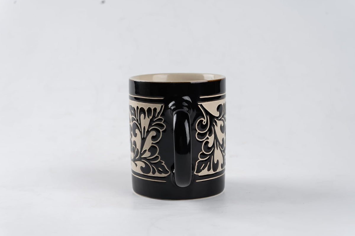 Hand-Carved Peony Band Black Glaze Straight Stoneware Mug, 17 oz