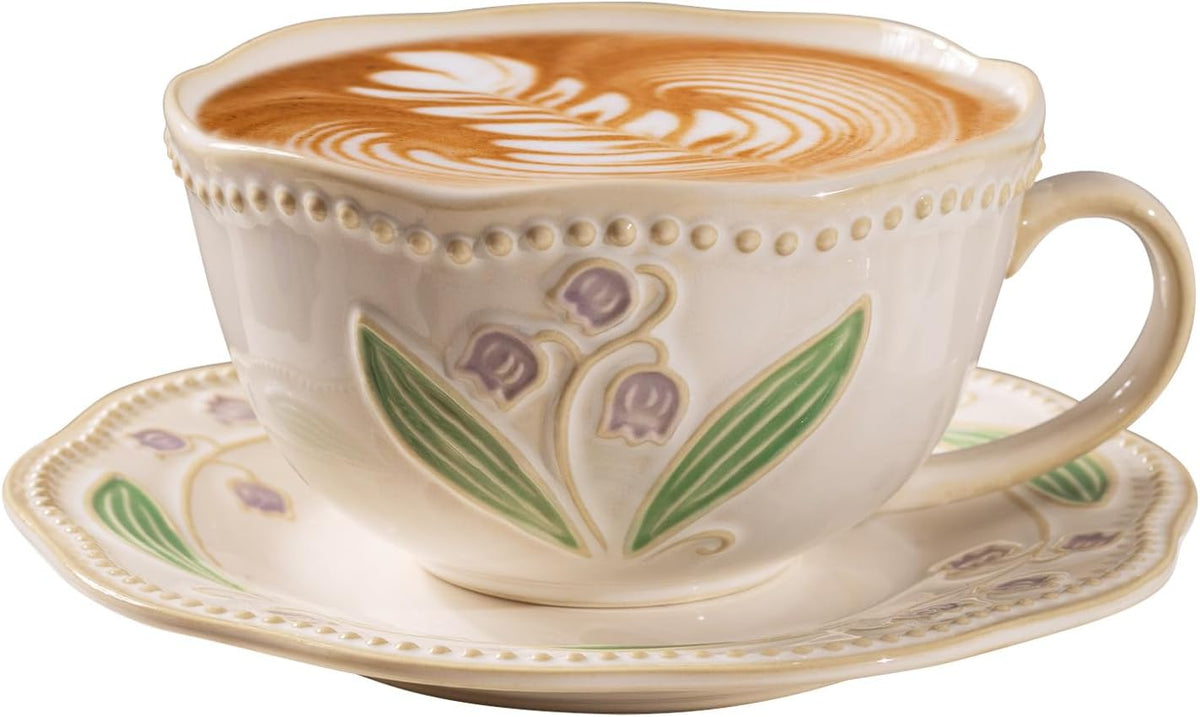 12oz Valley Ceramic Coffee Cup & Saucer Set for Cappuccino Tea Mug