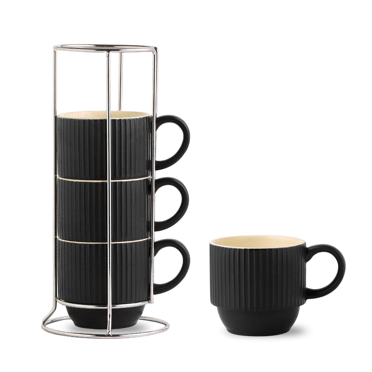 HASENSE Coffee Mug Ceramic Set of 4 with Stand, Stackable Large Latte Cups with Metal Stand, Dishwasher & Microwave Safe, Black for Cappuccino Tea Hot Cocoa