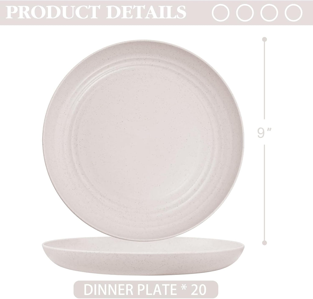LIYH 20 Pcs 9 Inch Wheat Straw Plastic Plates Reusable for Dinner - Beige