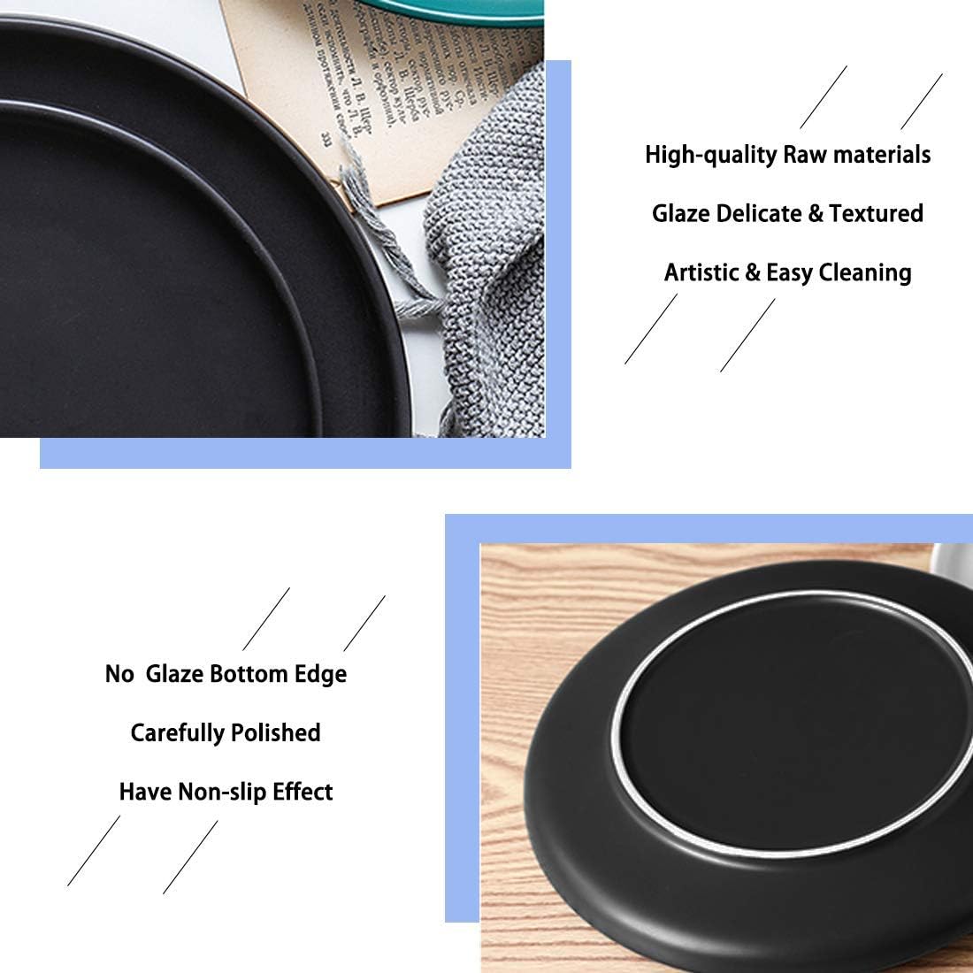 Matte Black Porcelain Dinner Plate Set, 8-Inch Modern Round Reusable Lunch & Dessert Plates, 6 Count