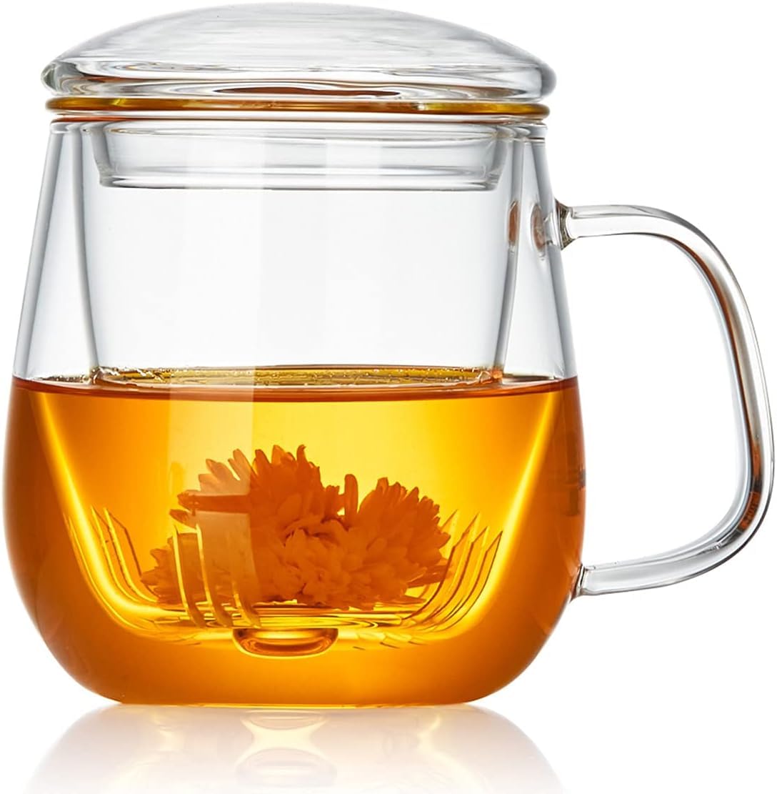 DOPUDO Glass Tea Cup with Infuser and Lid, 17.6oz/520ml Large Borosilicate Teacup,Tea Glass, Clear Mug for Loose Leaf Tea, Blooming Tea, Microwave & Dishwasher Safe - Tea Maker Gift for Birthday.