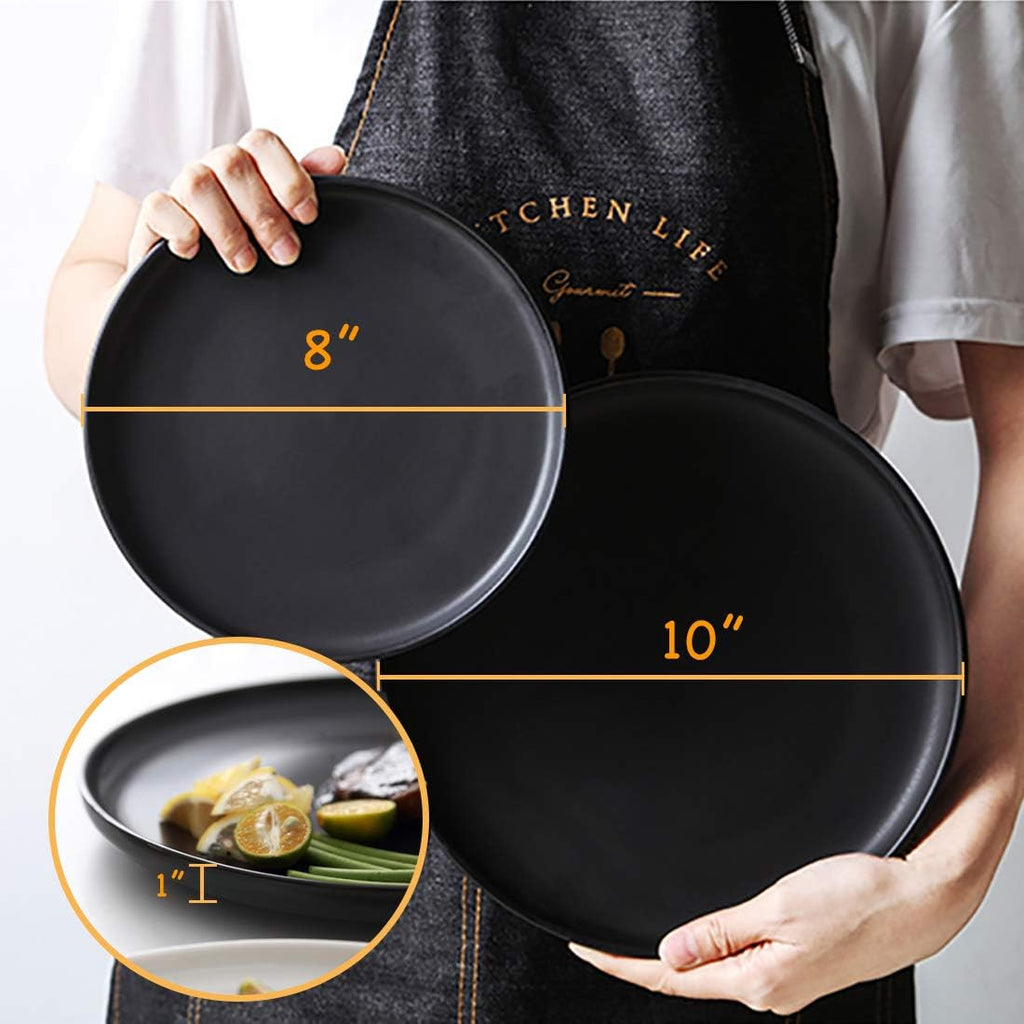 Matte Black Porcelain Dinner Plate Set, 8-Inch Modern Round Reusable Lunch & Dessert Plates, 6 Count