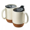 DOWAN Coffee Mugs, 15 oz Mug Set of 2, Large Ceramic Coffee Mug with Cork Bottom and Spill Proof Lid for Mom Dad, Big Mug for Latte Tea, Matte Grey