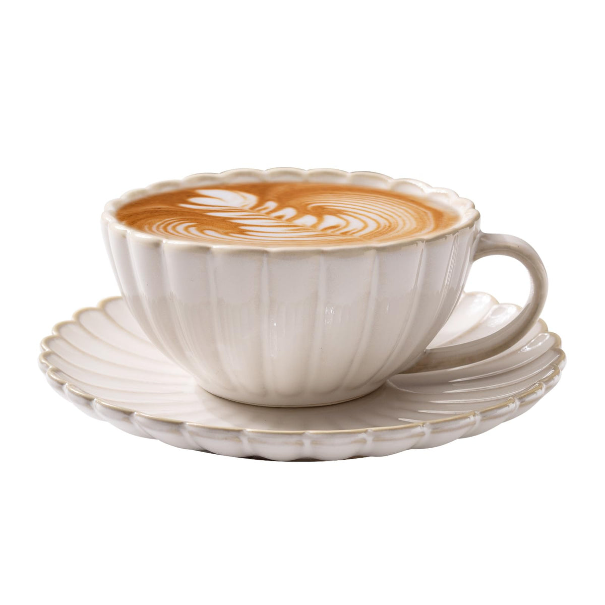Vintage Porcelain Coffee Cup and Saucer Set, 12 OZ Ceramic Latte Mug - Farmhouse Cappuccino Cups for Espresso and Turkish Coffee, Artisan Tea Cups, Great Barista Gift for Home Cafe