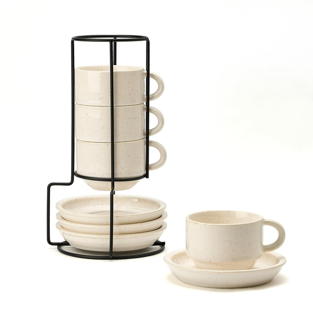 JIEMEI HOME Porcelain Stackable Espresso Cups with Saucers and Metal Stand, 4 Ounce Demitasse Cups for Specialty Coffee Drinks, Latte, Tea Set of 4, Stackable Espresso Mugs, Kiln Tide Glaze