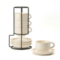JIEMEI HOME Porcelain Stackable Espresso Cups with Saucers and Metal Stand, 4 Ounce Demitasse Cups for Specialty Coffee Drinks, Latte, Tea Set of 4, Stackable Espresso Mugs, Kiln Tide Glaze