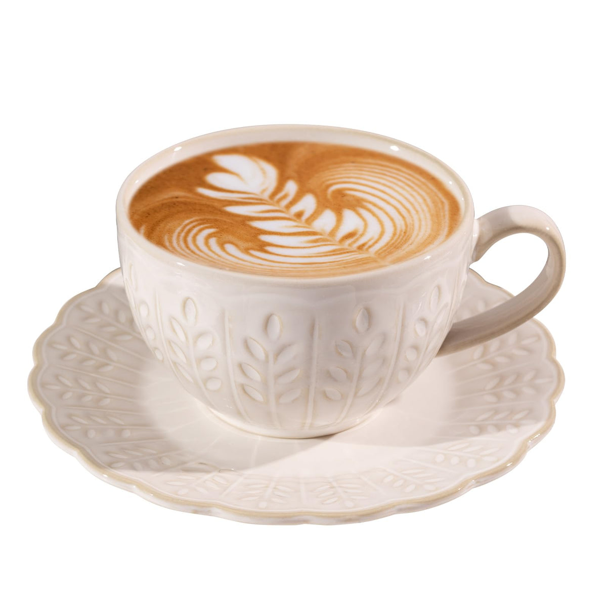Beaded Floral Embossed 12 OZ Vintage Farmhouse Porcelain Latte Cup and Saucer, Cappuccino Mug for Espresso Turkish Coffee Tea, Microwave Dishwasher Safe Christmas Gift for Home Cafe