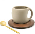 Ceramic Coffee Mug with Natural Wood Saucer & Spoon, 8.5oz Rustic Drinkware