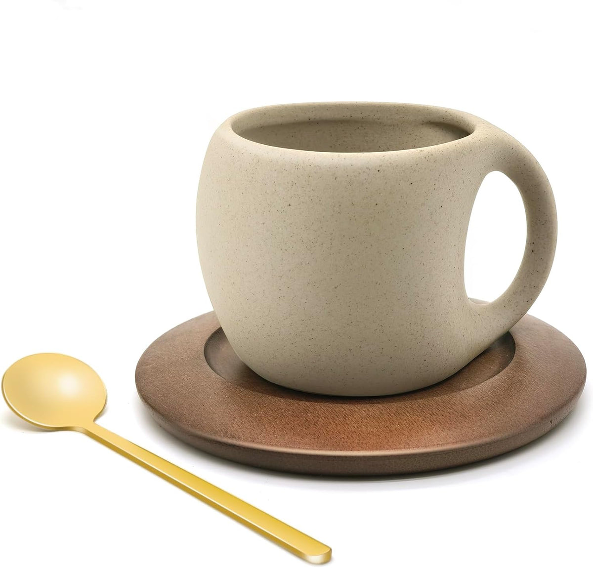 Ceramic Coffee Mug with Natural Wood Saucer & Spoon, 8.5oz Rustic Drinkware