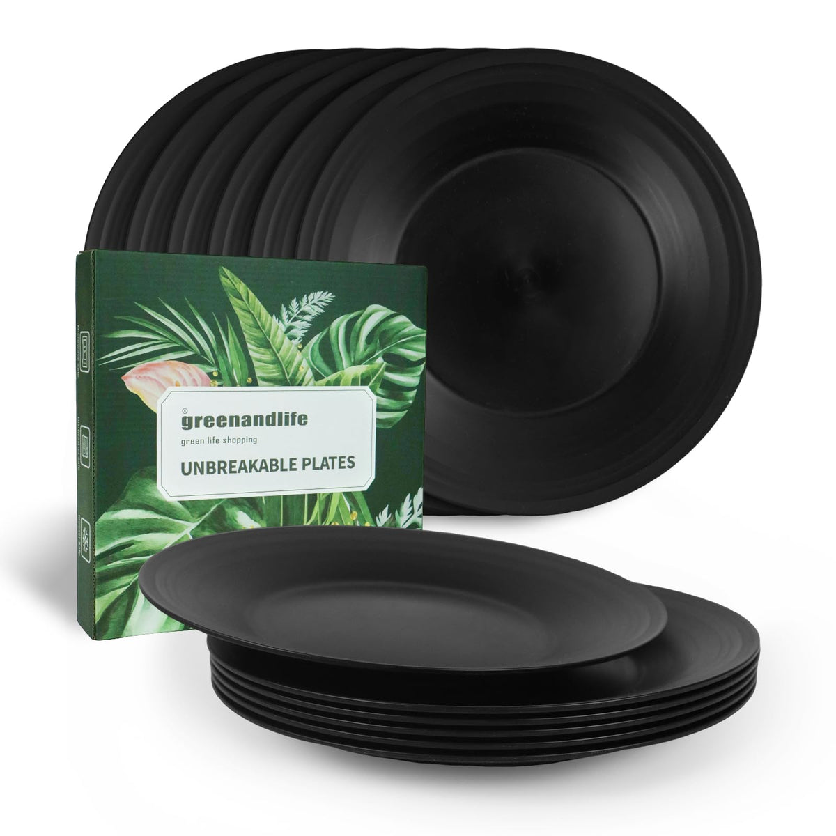 10inch/6pcs Dishwasher & Microwave Safe Wheat Straw Plates, Alternative for Plastic Plates, Lightweight Reusable Unbreakable Dinner Plates, Non-toxin, BPA Free for Kids Adults, Black