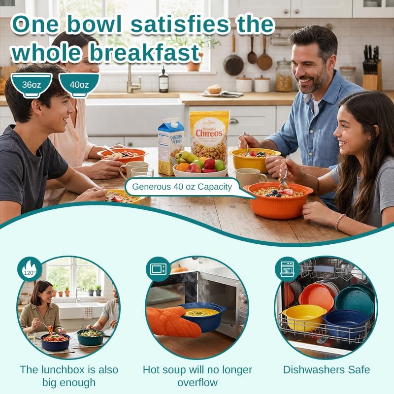 Microwave Bowls with Lids, 40 oz Lightweight Unbreakable Bowls, 4 Pack