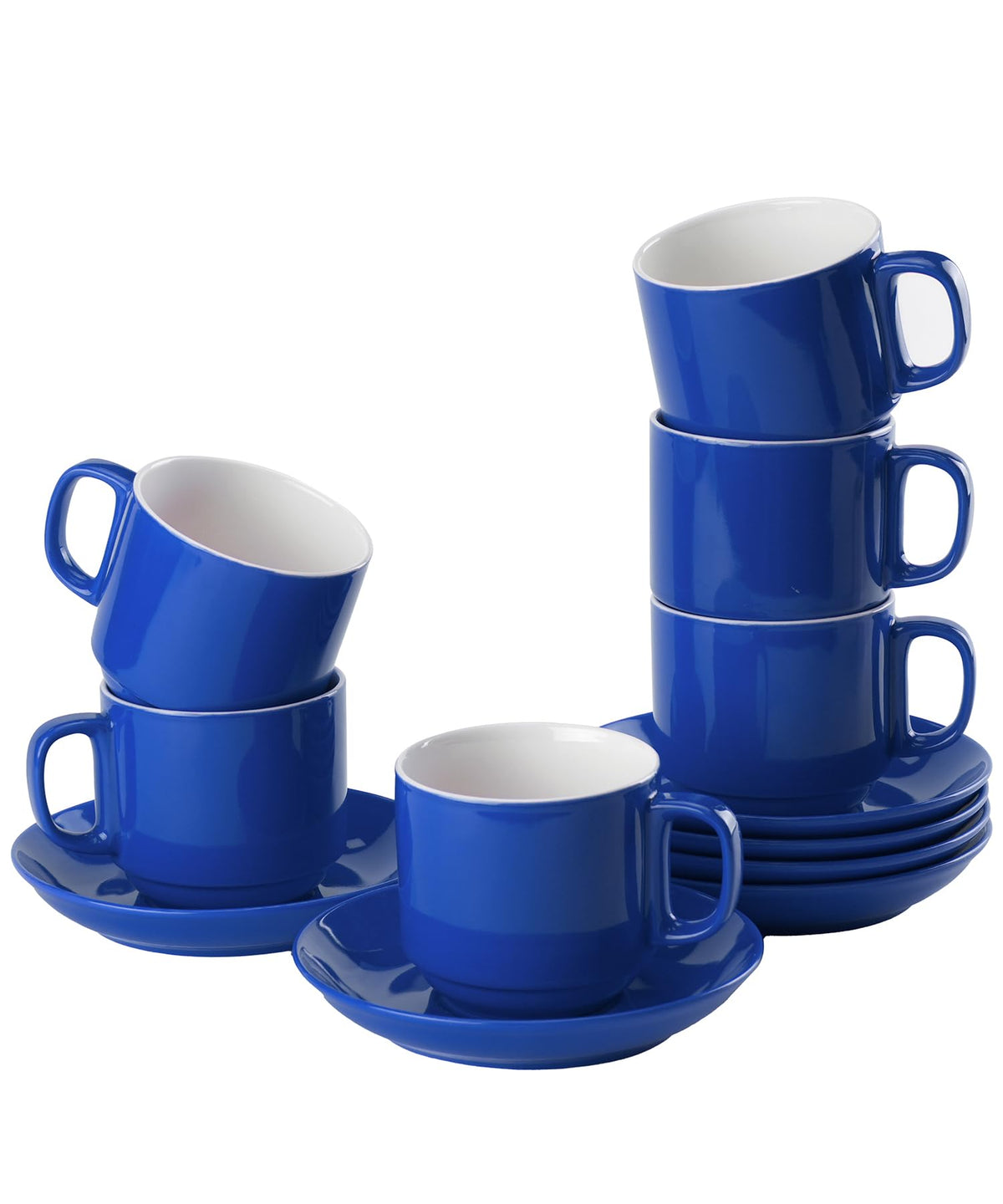 BTaT- Stackable Tea Cups and Saucers, White, Set of 6 (8 oz), Cappuccino Cups, British Coffee Cups, Porcelain Tea Set