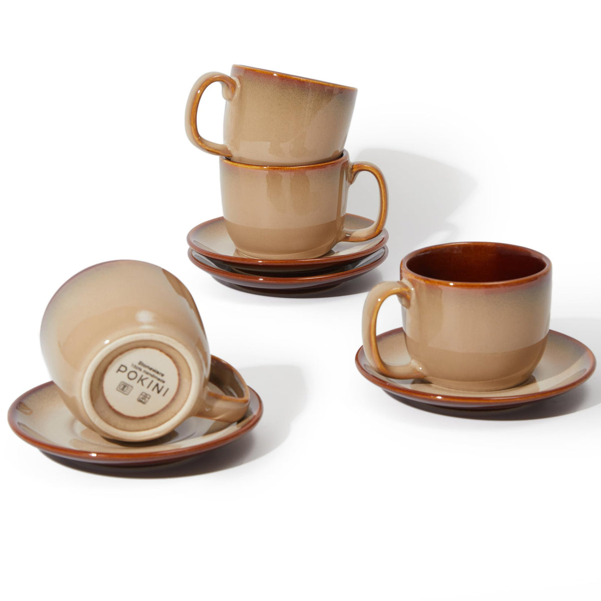 Pokini Stoneware Coffee Cups with Saucers, Cappuccino Cups, Mugs Set of 4