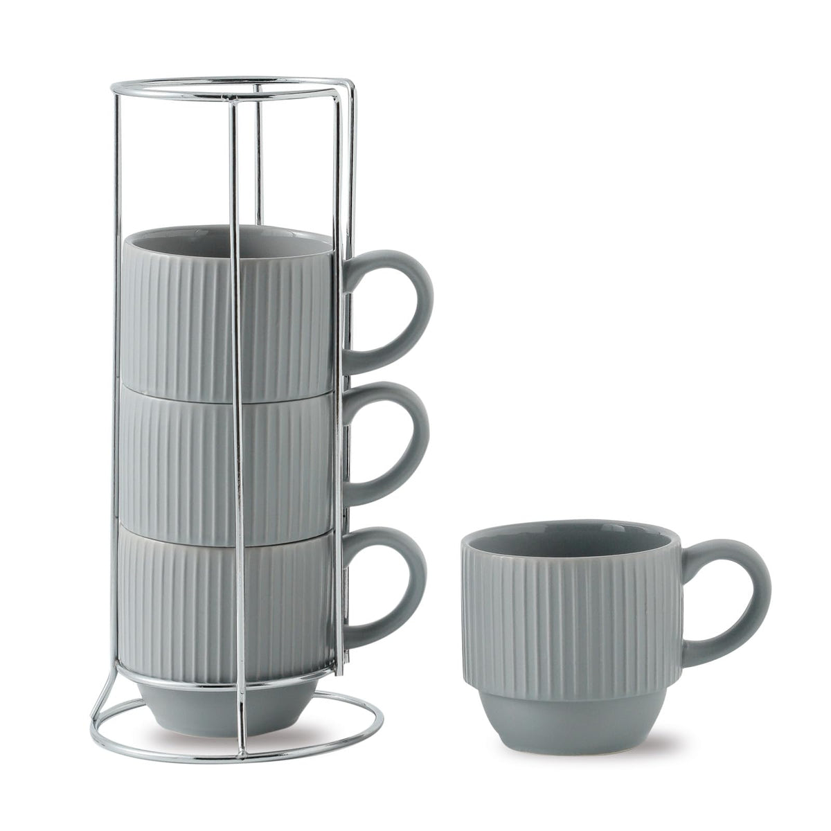 HASENSE Coffee Mug Ceramic Set of 4 with Stand, Stackable Large Latte Cups with Metal Stand, Dishwasher & Microwave Safe, Black for Cappuccino Tea Hot Cocoa