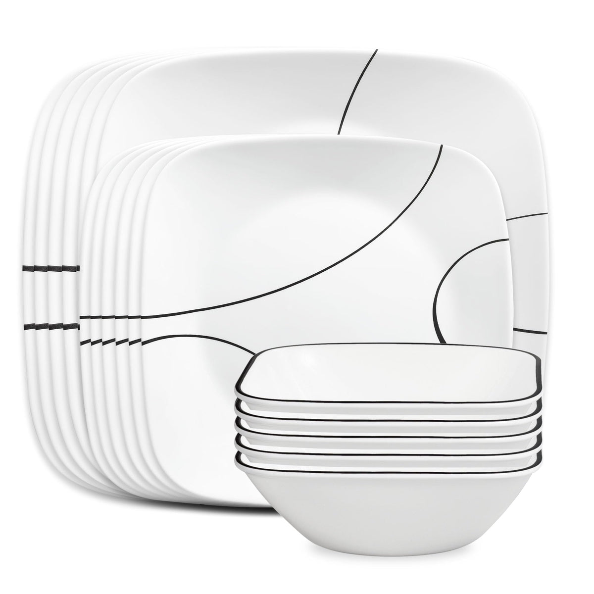 Corelle Vitrelle 18-Piece Service for 6 Dinnerware Set Triple Layer Glass and Chip Resistant, Lightweight Square Plates and Bowls Set, Simple Sketch