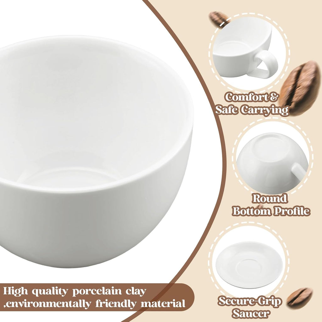 4 Set 16oz Cappuccino Cups with Saucers, Heavyweight Porcelain