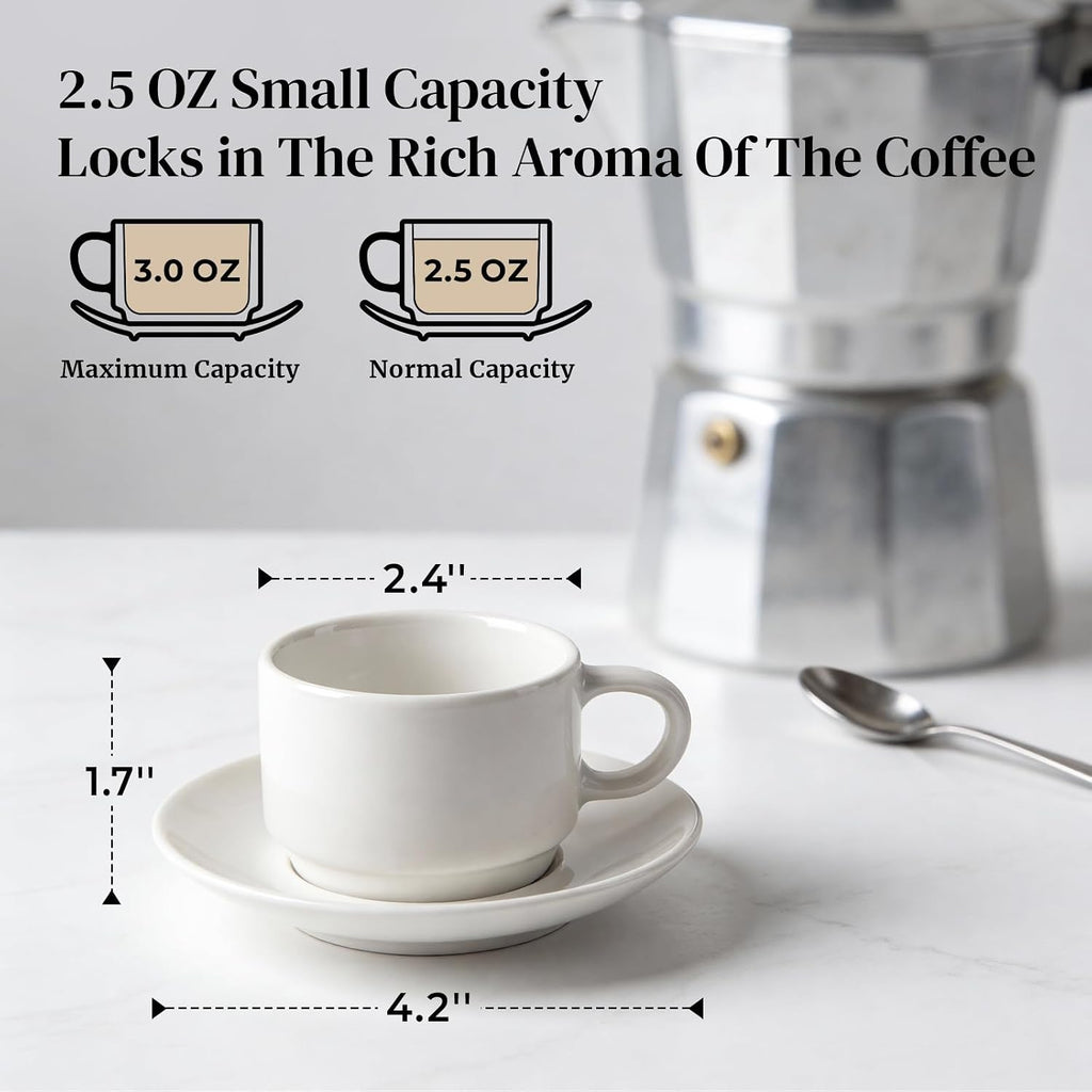 DOWAN 2.5 OZ Stackable Espresso Cups, Porcelain Coffee Cups with Saucers Set of 4, White Espresso Shot Cup, Tea Cups for Home, Office and Cafe Use