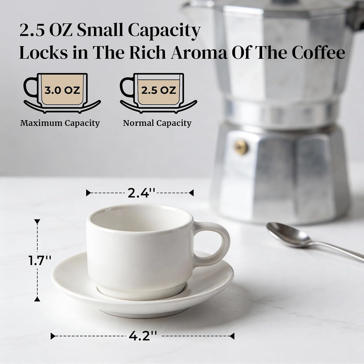 DOWAN 2.5 OZ Stackable Espresso Cups, Porcelain Coffee Cups with Saucers Set of 4, White Espresso Shot Cup, Tea Cups for Home, Office and Cafe Use