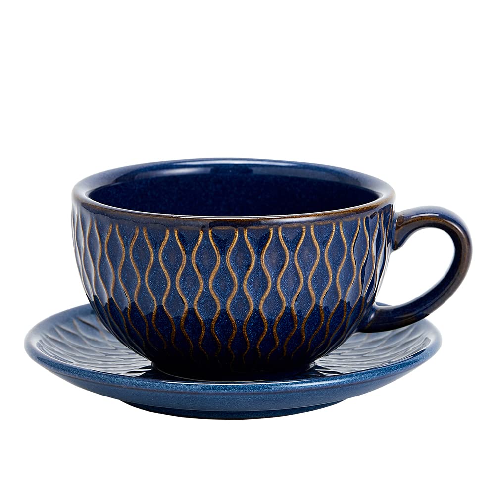 Coffeezone Vintage Design 12 oz Ceramic Latte Art Cappuccino Barista Cup with Saucer (Brown)