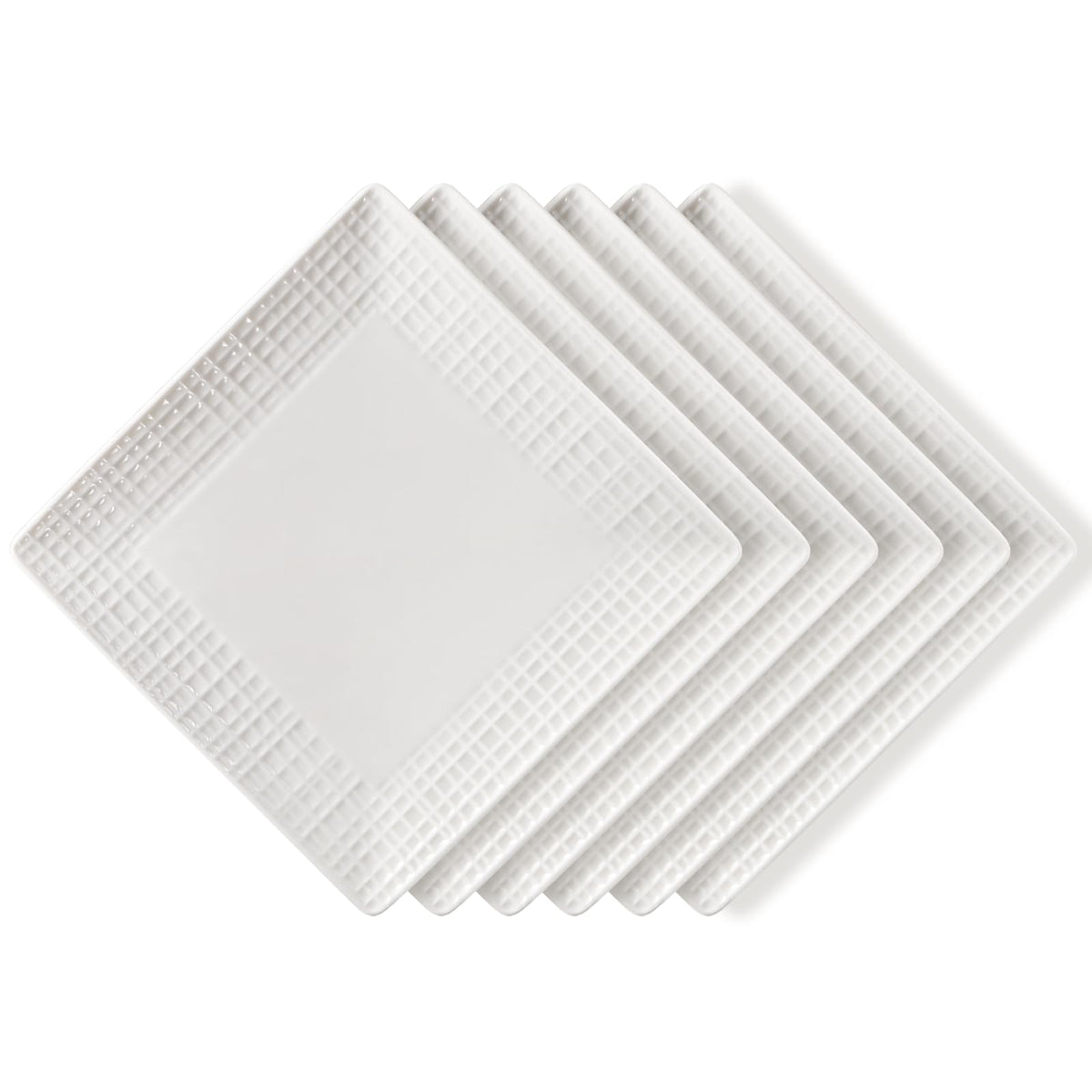 Embossed Ceramic Appetizer & Dessert Plates - Set of 6, 6 inch White Square Dinner Plates for Snack & Restaurant, Dishwasher & Microwave Safe