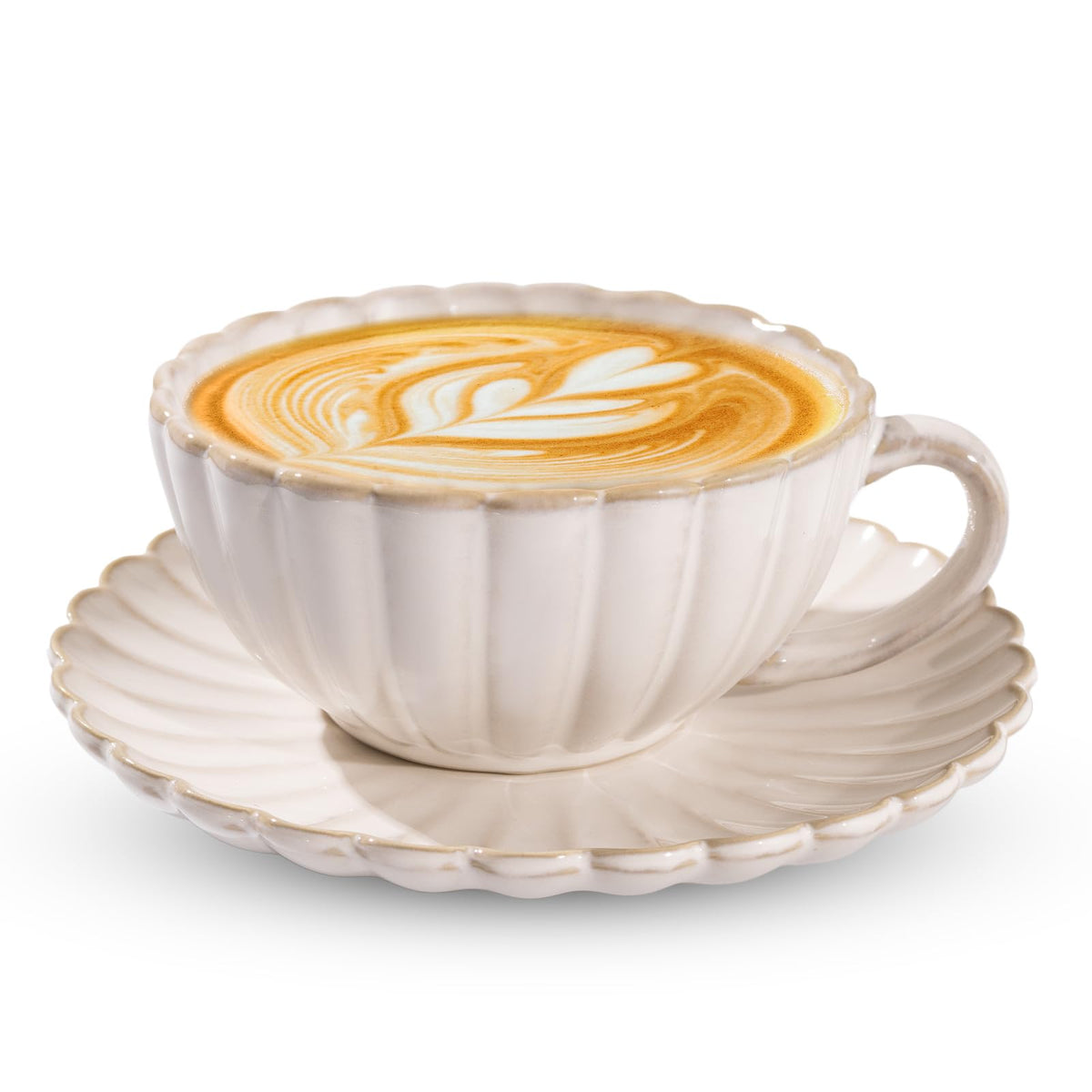 Latte Cup with Saucer, 12 OZ Cappuccino Cup Vintage Cafe Art Cups for Espresso Turkish Coffee, Farmhouse Latte Mugs Tea Cups and Saucers Porcelain Set Christmas Gift