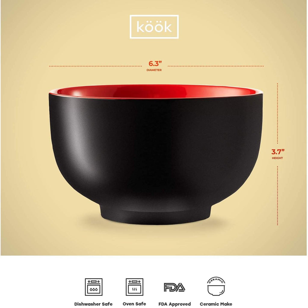 KooK Ceramic Japanese Noodle Bowl Set, 34 oz, Set of 4, Black/Red