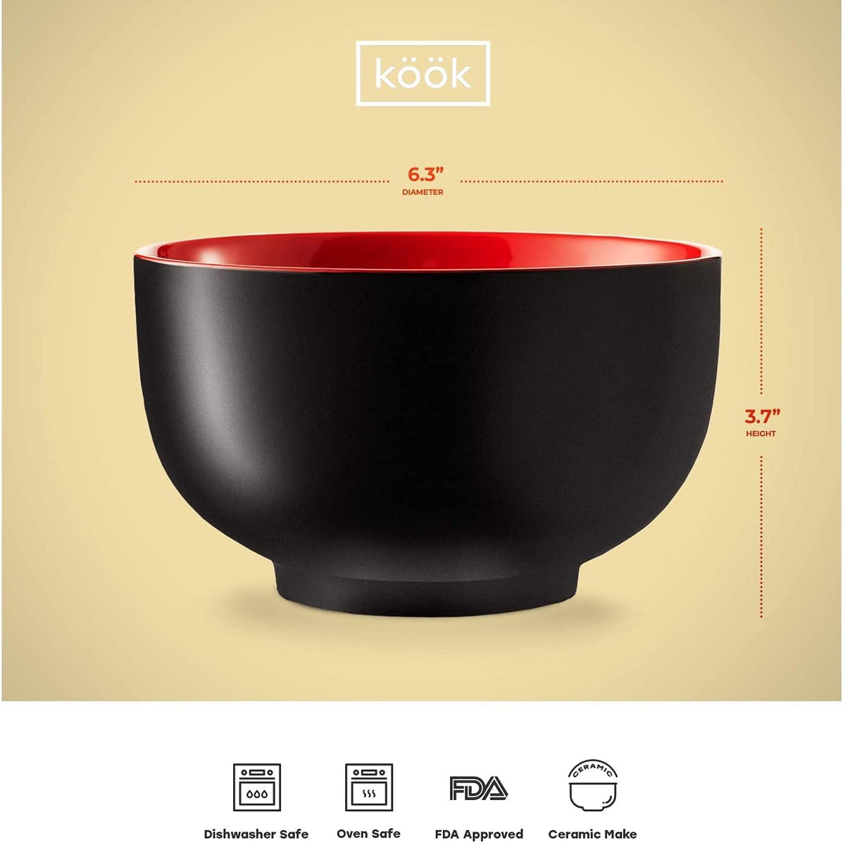 KooK Ceramic Japanese Noodle Bowl Set, 34 oz, Set of 4, Black/Red