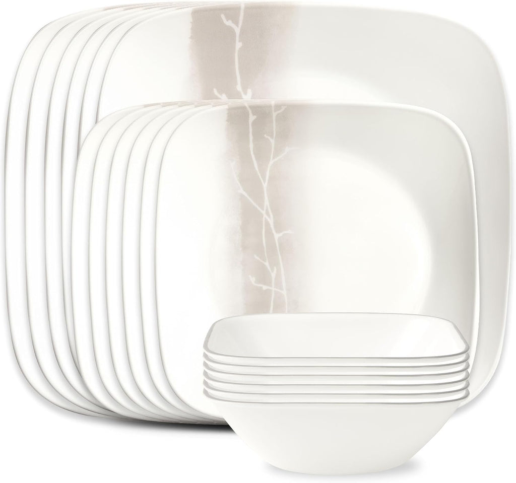Corelle Vitrelle 18-Piece Service for 6 Dinnerware Set Triple Layer Glass and Chip Resistant, Lightweight Square Plates and Bowls Set, Simple Sketch