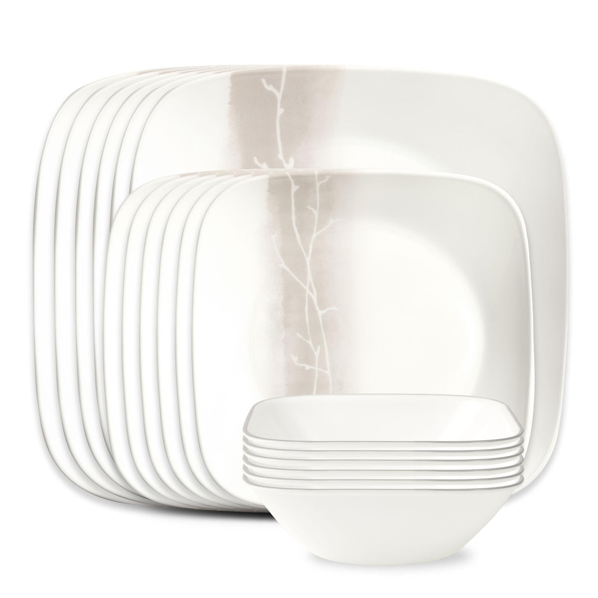Corelle Vitrelle 18-Piece Service for 6 Dinnerware Set Triple Layer Glass and Chip Resistant, Lightweight Square Plates and Bowls Set, Simple Sketch