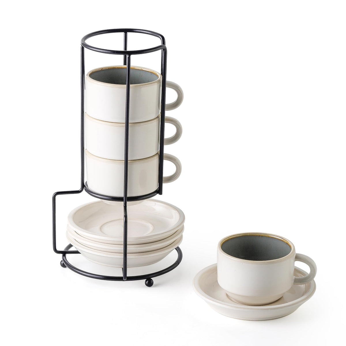 JIEMEI HOME Porcelain Stackable Espresso Cups with Saucers and Metal Stand, 4 Ounce Demitasse Cups for Specialty Coffee Drinks, Latte, Tea Set of 4, Stackable Espresso Mugs, Kiln Tide Glaze