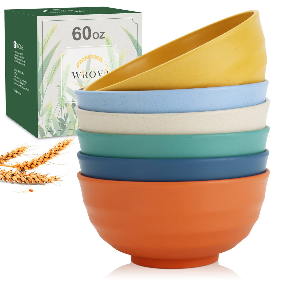 Wrova Wheat Straw Bowls Set 60 OZ Unbreakable Large Cereal Bowls Set of 6 Microwave and Dishwasher Safe Bowls Big Bowls for Camping and Picnic BPA Free Soup Bowl for Serving Oatmeal and Salad. Black