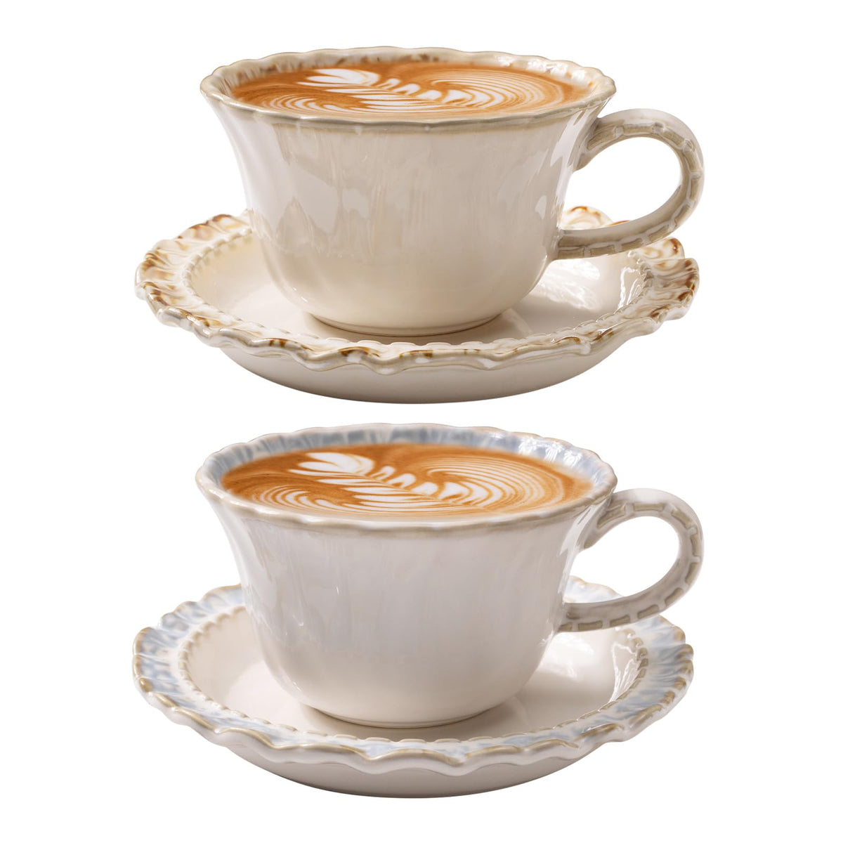 Vintage Porcelain Coffee Cup and Saucer Set, 12 OZ Ceramic Latte Mug - Farmhouse Cappuccino Cups for Espresso and Turkish Coffee, Artisan Tea Cups, Great Barista Gift for Home Cafe