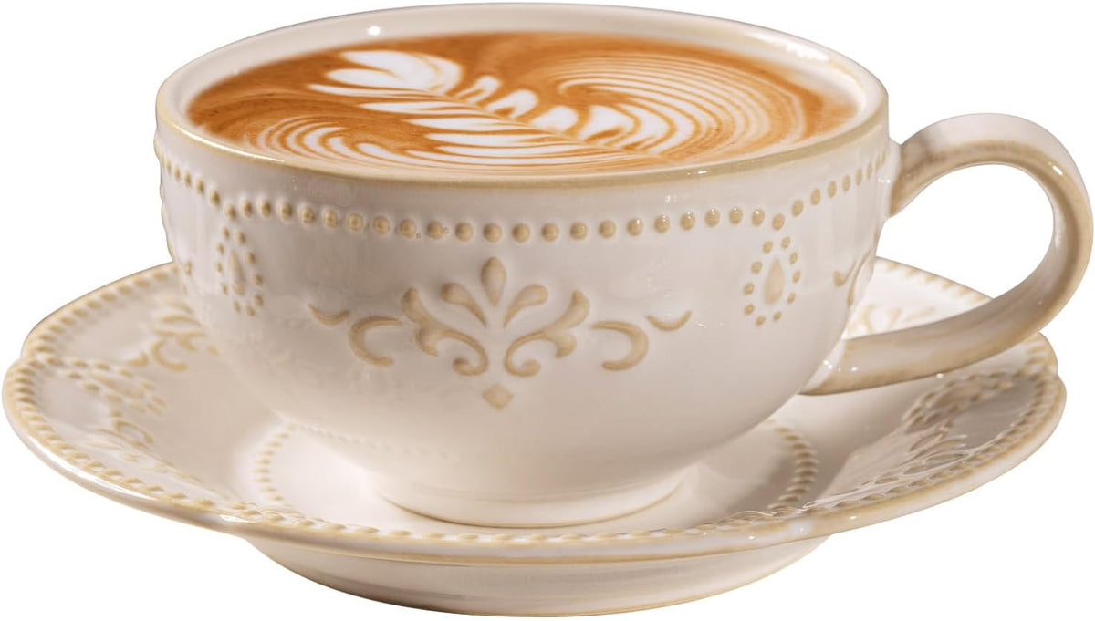 Beaded Floral Embossed 12 OZ Vintage Farmhouse Porcelain Latte Cup and Saucer, Cappuccino Mug for Espresso Turkish Coffee Tea, Microwave Dishwasher Safe Christmas Gift for Home Cafe