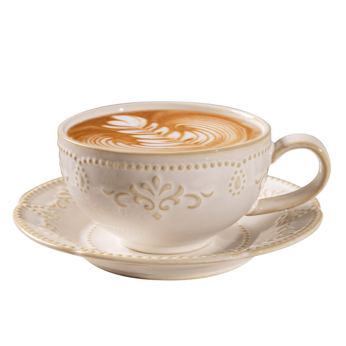 Beaded Floral Embossed 12 OZ Vintage Farmhouse Porcelain Latte Cup and Saucer, Cappuccino Mug for Espresso Turkish Coffee Tea, Microwave Dishwasher Safe Christmas Gift for Home Cafe