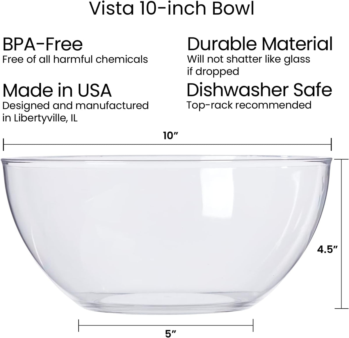 US Acrylic Vista Clear Plastic Salad and Serving 10-inch Bowls | set of 3 | Reusable, BPA-free, Made in the USA | 135 oz. capacity