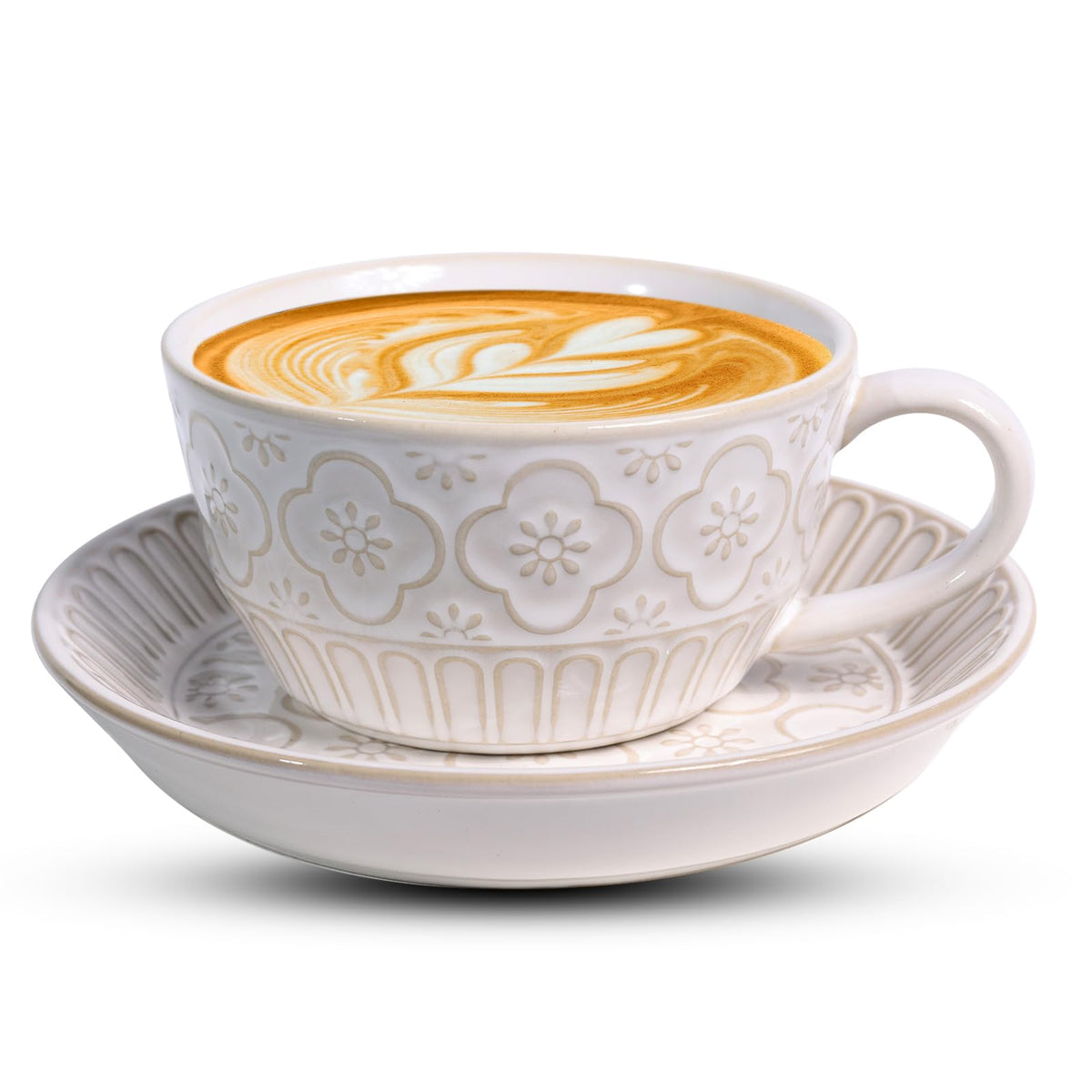 Latte Cup with Saucer, 12 OZ Cappuccino Cup Vintage Cafe Art Cups for Espresso Turkish Coffee, Farmhouse Latte Mugs Tea Cups and Saucers Porcelain Set Christmas Gift