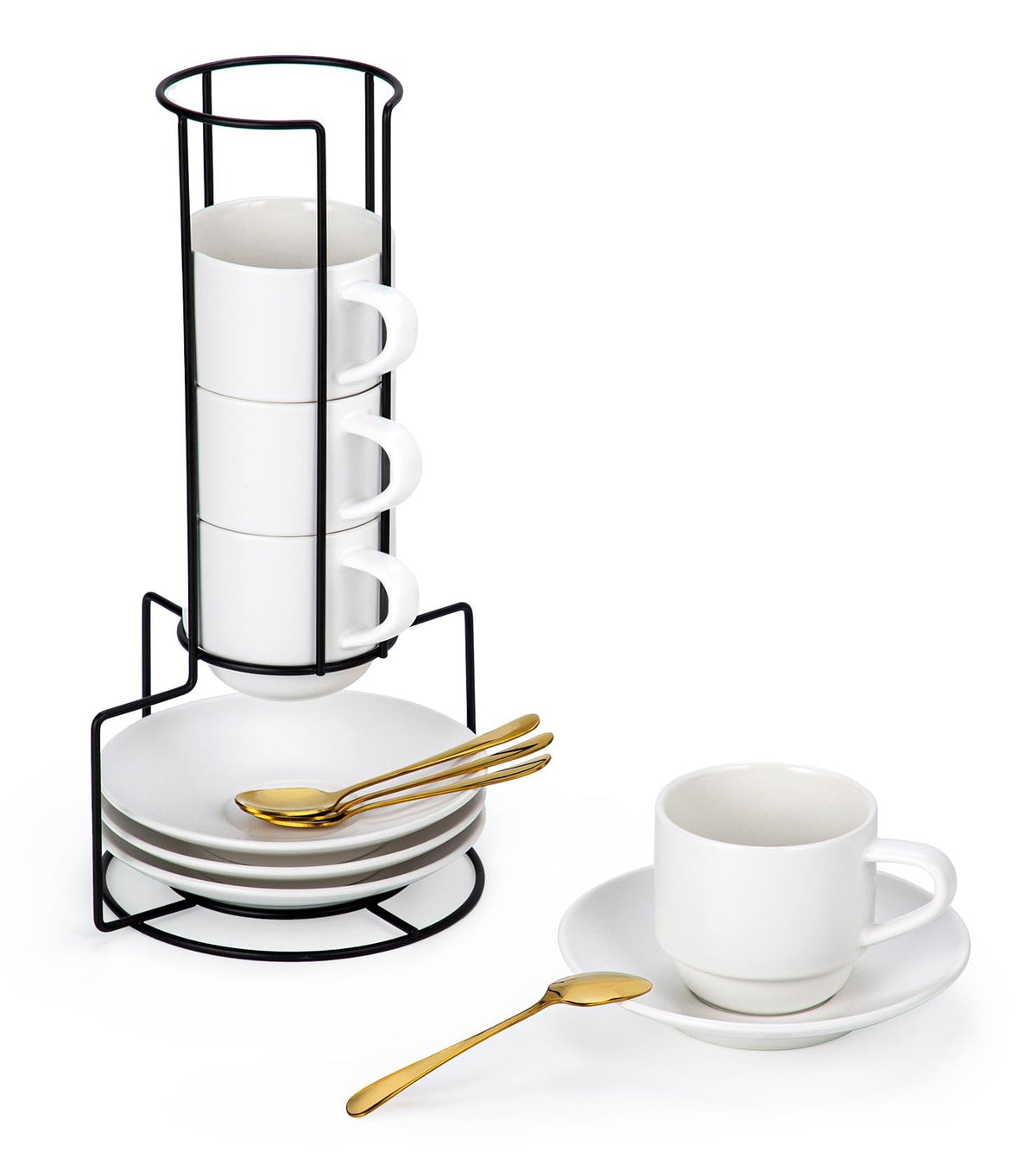 Lareina 3-Ounce Espresso Cups with Saucers, Spoons and Metal Stand, Small Stackable Coffee Cups Set of 4, Ceramic Demitasse Mugs, Gift for Housewarming or Wedding, White