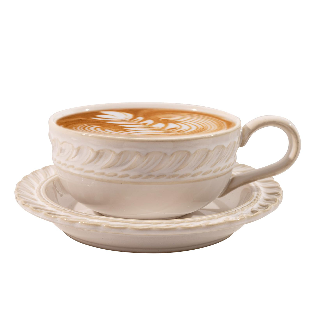 Beaded Floral Embossed 12 OZ Vintage Farmhouse Porcelain Latte Cup and Saucer, Cappuccino Mug for Espresso Turkish Coffee Tea, Microwave Dishwasher Safe Christmas Gift for Home Cafe
