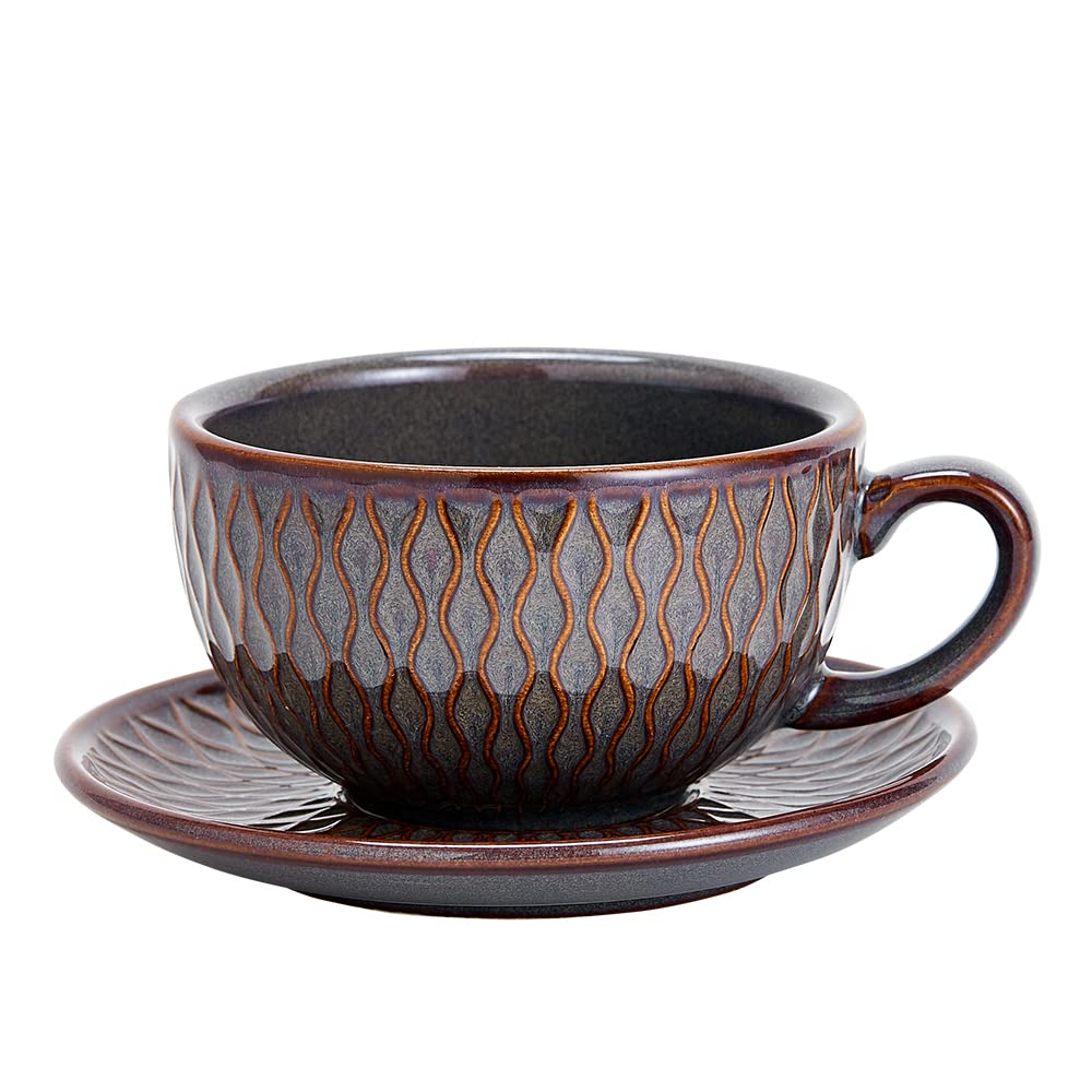 Coffeezone Vintage Design 12 oz Ceramic Latte Art Cappuccino Barista Cup with Saucer (Brown)